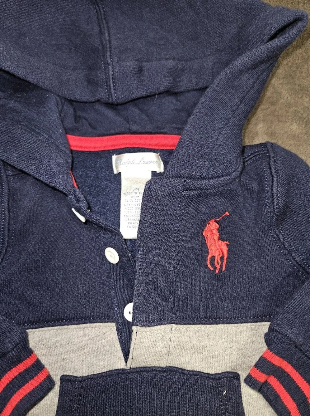 Ralph Lauren Baby Navy Gray Hoodie One-Piece Romper Snap Button 3 Months Preppy